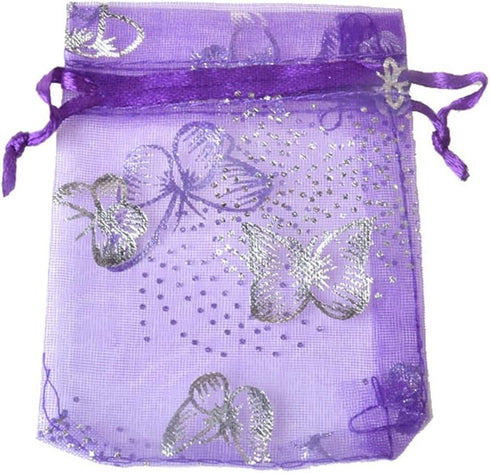 Zhiheng 100pcs Organza Wedding Party Gift Bags, Butterfly Drawstring Pouches for Jewelry Gift Favor (4"x6", Purple)