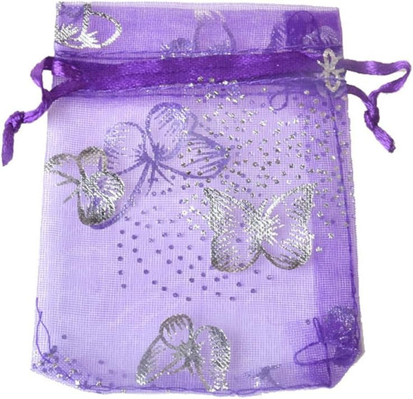 Zhiheng 100pcs Organza Wedding Party Gift Bags, Butterfly Drawstring Pouches for Jewelry Gift Favor (4"x6", Purple)