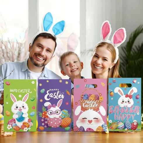 Lanfixilly 50 Easter Gift Bags with handles Colorful Pcs,Plastic Easters Eggs Bunny Goodie Candy Tote Favor Bag