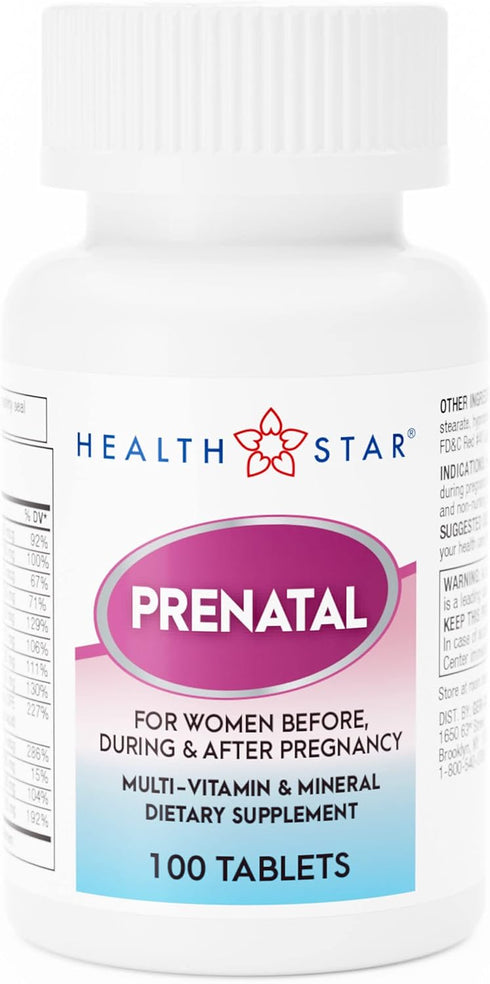 Prenatal Multivitamin by HealthStar - Healthy Mom and Baby, 100 Tablets with Essential Nutrients