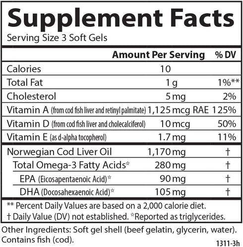 Carlson Cod Liver Oil Minis, 100 Mini Softgels - 280 mg Omega-3s + Vitamins A & D3 for Heart & Vision Health
