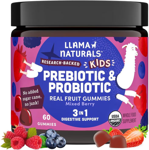 Llama Naturals Kids Probiotic with Prebiotic Fiber, Vegan, Organic Prebiotics and Probiotics