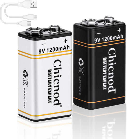 9V Batteries 2 Pack - 9V Rechargeable Lithium Ion Battery 1200mAh for Microphone or Smoke Detector