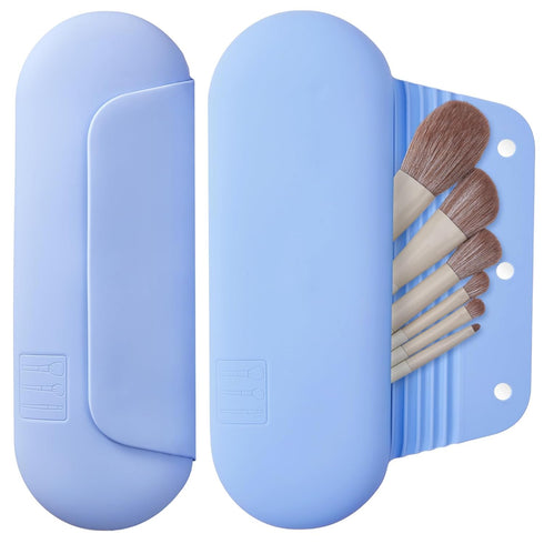 Silicone Makeup Brush Holder Travel Cosmetic Bag, Soft Portable Holder with Anti-Fall Out Magnetic Closure, Blue