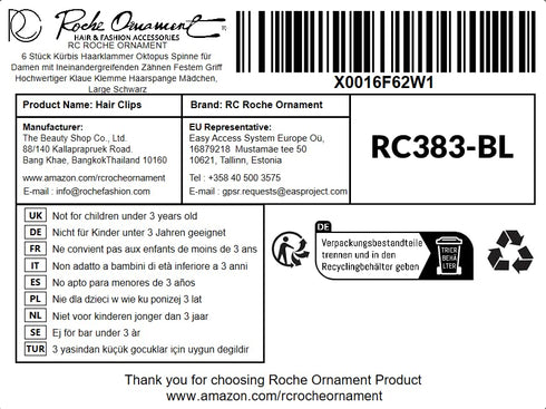 RC ROCHE ORNAMENT 6 Pcs Women's Hair Pumpkin Interlocking Teeth No Slip Claw Clip, Large Black