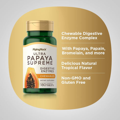 Piping Rock Papaya Enzymes Chewable | 180 Tablets | Non-GMO, Gluten Free Vegetarian Digestion Formula | Tropical