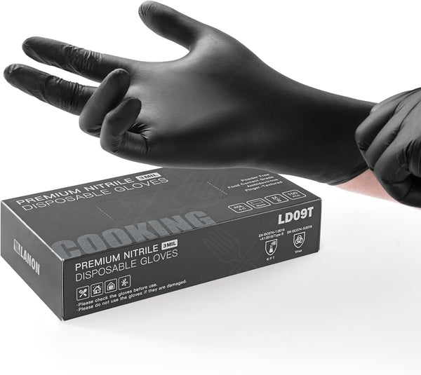 LANON Food Safe Disposable Nitrile Gloves, Latex-Free, Powder-Free, Cooking Gloves, Black Medium
