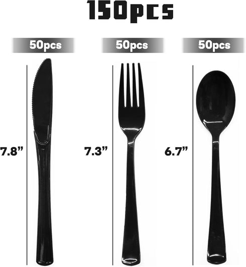 150 Pack Black Plastic Silverware, Black Plastic Cutlery,50 Black Plastic Forks, 50 Black Plastic Knives, 50 Black Plastic Spoons for Graduation Party Decorations, Wedding,Birthday by joy akkess