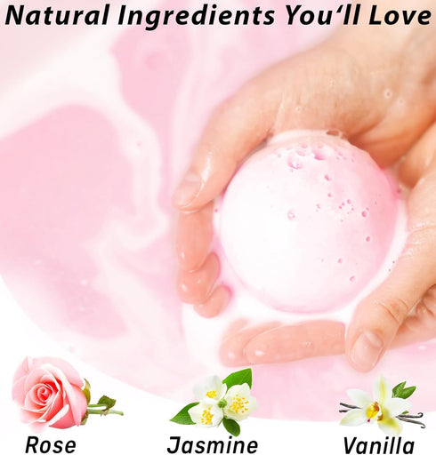 Rose Vanilla Bath Bomb, Mega Foaming Bubbles, Infused with Stress Relief Jasmine, Luxurious Spa Bath Essentials