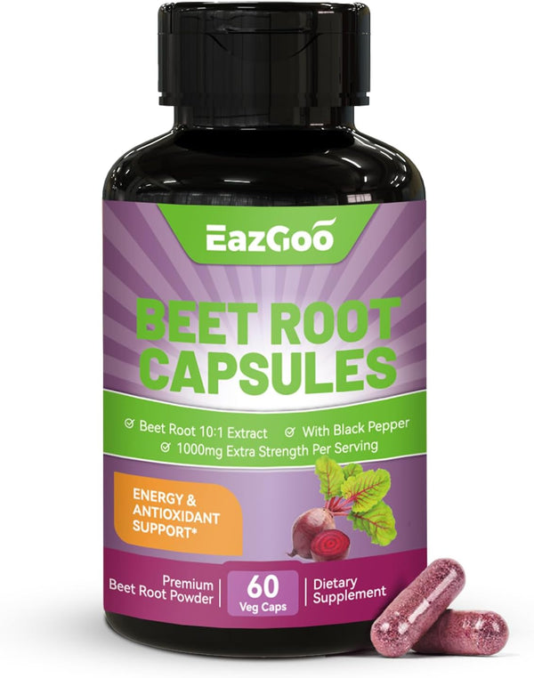 Beet Root Capsules 1000mg Per Serving - 60 Counts for Nitric Oxide Production & Blood Pressure Support