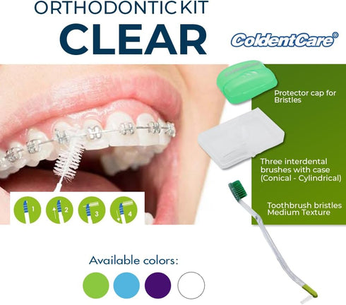 Orthodontic Kit Clear: Oral Care Set with Toothbrush, Protector Cap, Floss, Wax, and Interdental Brushes with Case