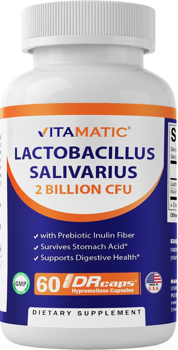Vitamatic Lactobacillus Salivarius 2 Billion per DR Capsule, 60 Count for Digestive Support with Prebiotic Inulin