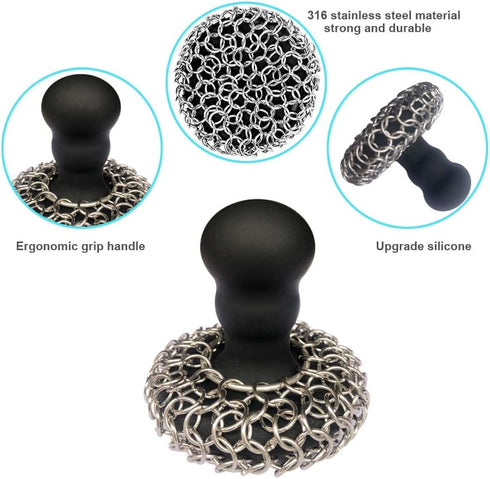 Toiserns 316 Upgraded Chainmail Scrubber with Silicone Handle Cast Iron Cleaner for Cast Iron Grill Pan Skillet Wok