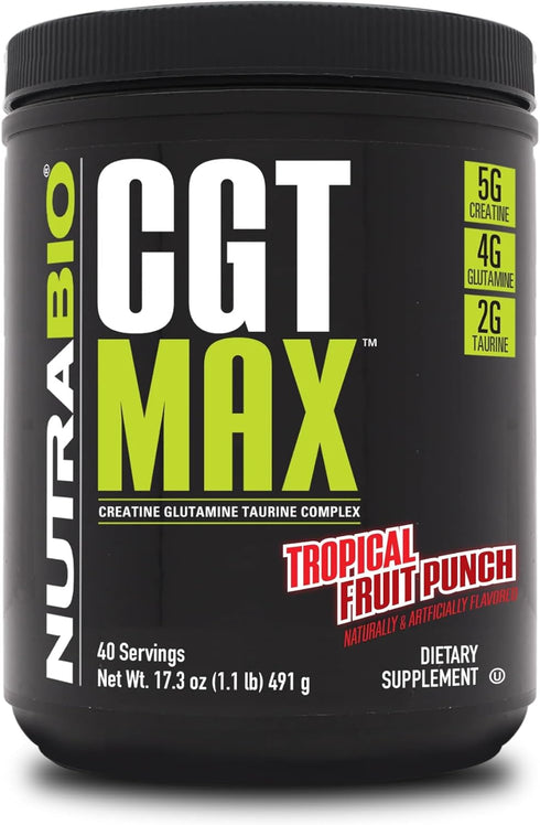 NutraBio CGT-MAX Powder - Creatine, Glutamine, Taurine for Muscle Recovery & Strength - 40 Servings - Tropical Fruit