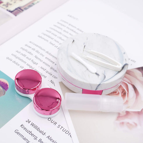 Honbay Fashion Marble Contact Lens Case, Portable Kit with Mirror, Round, Rose Red