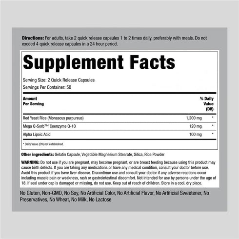 Piping Rock CoQ10 with Red Yeast Rice | 100 Capsules | with Alpha Lipoic Acid | Non-GMO, Gluten Free Supplement