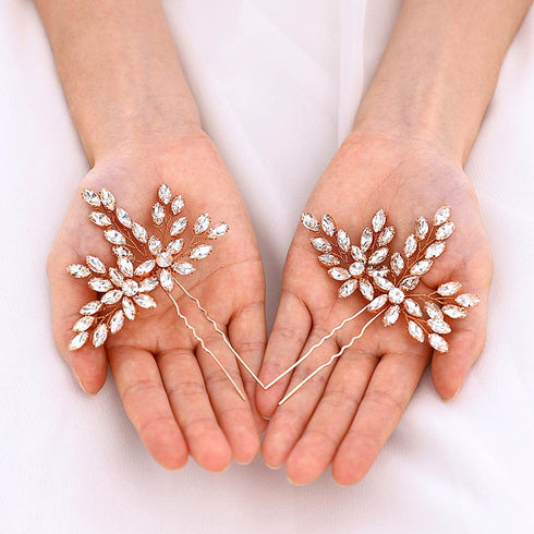Unicra Wedding Crystal Flower Hair Pins, Decorative Bridal Hair Accessories Pack of 2 (Rose Gold)