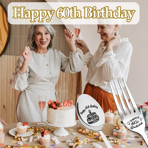 Happy 60th Birthday Gifts for Grandma Grandpa, Engraved Spoon Fork for Men Women, 60 Year Old Birthday Present