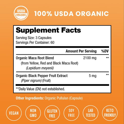 NutraChamps USDA Organic Maca Root Capsules - 2100mg, 180 Capsules, Black, Red & Yellow Peruvian Gelatinized