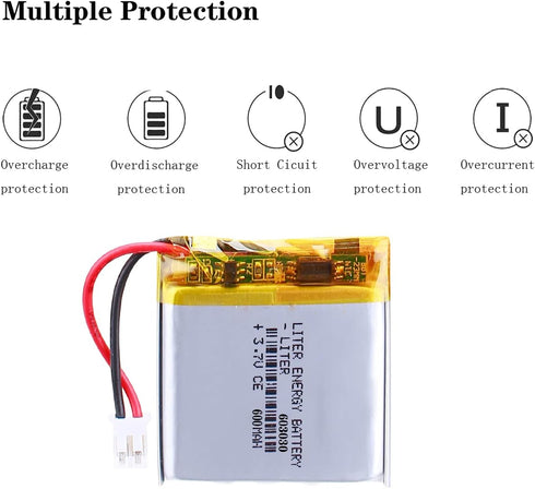 Liter Energy 3.7V Lipo Battery 600mAh Rechargeable Lithium Polymer with JST Connector (603030)