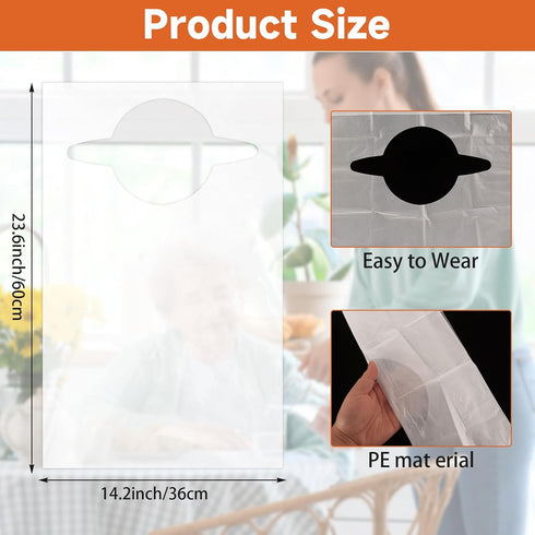 LOLYSIC 200 Pcs Disposable Adult Bibs, Large Waterproof Plastic Bibs for Elderly, Men & Women, Single Use Dining