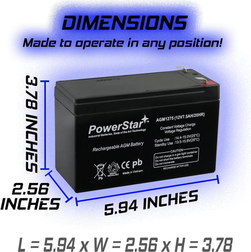 PowerStar Battery 12V 7.5Ah replaces B & B Battery BP7-12