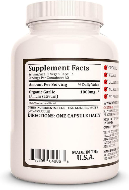 Remedy's nutrition Garlic Capsule | Odorless Organic Garlic l 1,000 mg, 60 Capsules | Cardiovascular & Immune System | Non-GMO, Vegan, Gluten-Free, No Fillers or Additives Guaranteed