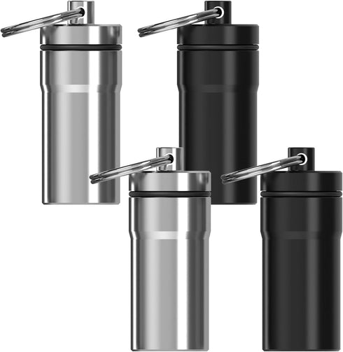 4 Pack Ear Plug Carrying Case, Portable Waterproof Metal Holder with Keychain for Ear Buds (Black & Silver)