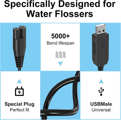 Charger Cord Replacement for Waterpik Water Flosser WP360, WP462, WP450, WF13, WP100, USB Charging Cable (Black)