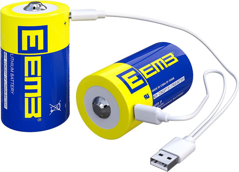 EEMB D Batteries 1.5V Rechargeable Lithium D Cell Batteries, 5550mWh with USB Type C Charging Cable - 2 Pack