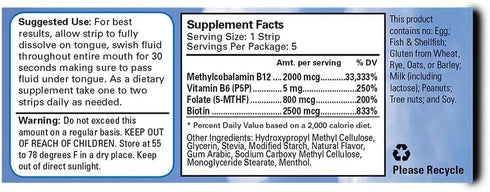 Vitamin B12 Strips - Energy Supplement with 2000mcg of Methylcobalamin, B6, Folate & Biotin - Support Nerve & Brain Health, Stress Relief, Sleep - Winter Berry Flavor - 5 Day Supply