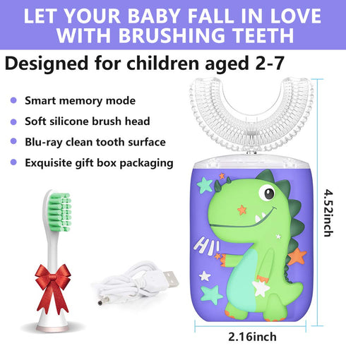 KRX 6 360 2-7 Kids Ultrasonic Electric Toothbrush, U Shaped Rechargeable Automatic Toothbrushes with Replacement Brush
