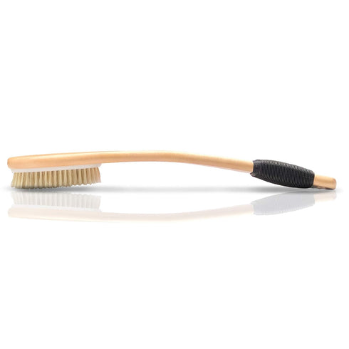 OWIIZI Wooden Curved Bath Brush with Long Handle - Antiskid Shower Brush for Exfoliating, Natural Bristle