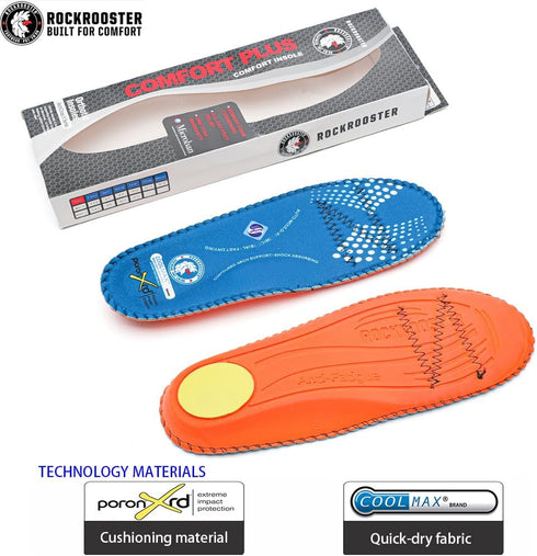 ROCKROOSTER Anti-Fatigue Work Boot Insoles PU & Memory Foam Inserts with Shock Absorbing Heel Cushion, High Arch