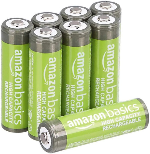 Amazon Basics 8-Pack Rechargeable AA NiMH Batteries, 2400 mAh, Pre-Charged, Recharge up to 400x