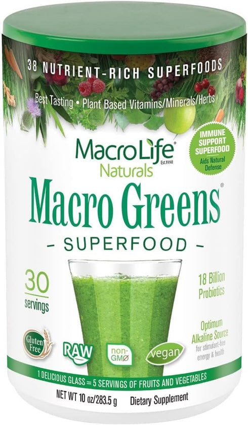 Macro Greens Powder - MacroLife Naturals, 38 Superfood Probiotic Antioxidant Supplement, 10oz (30 Servings)