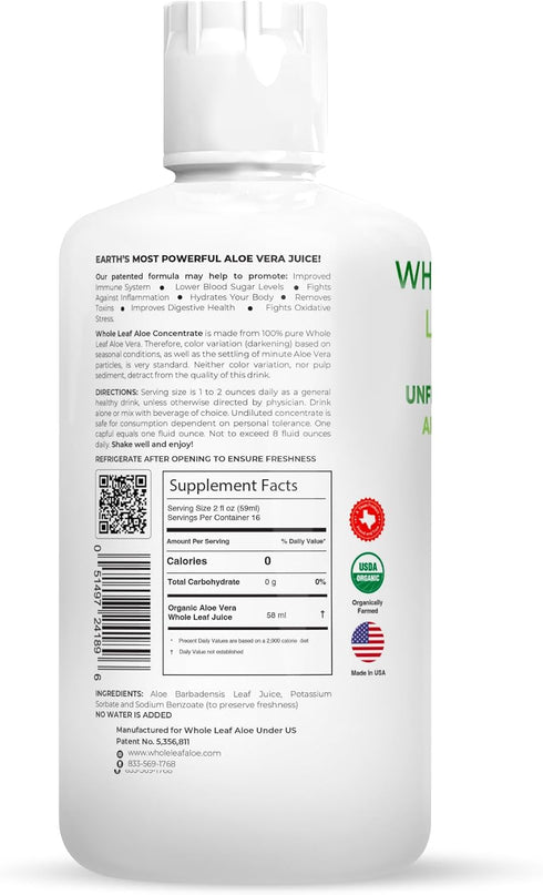 Whole Leaf Aloe Vera Juice - Potent, Unflavored, for Digestive Health, Skin Care and Hydration, Highest Acemannan