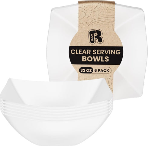 R-kay 6 Pack Square Plastic Serving Bowls, 32 Oz White Plastic Bowls for Salad, Heavy Duty Disposable