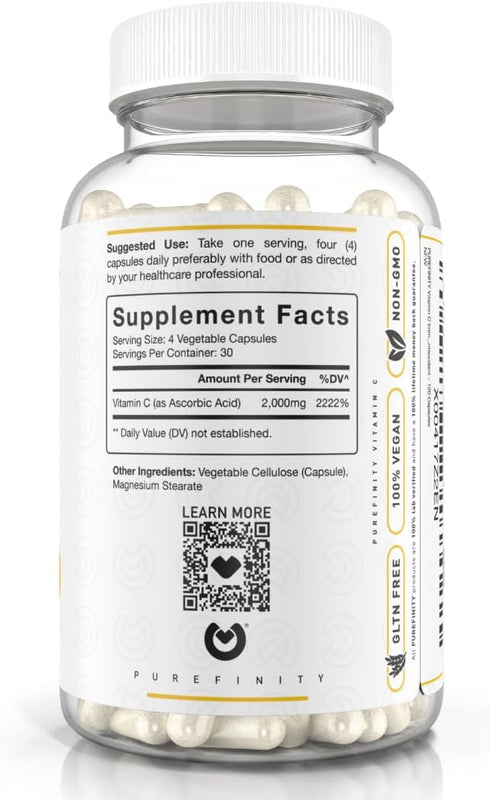 Double Strength Vitamin C Capsules 2000mg – High Absorption Antioxidant Supplement – 120 Capsules (1 Month Supply)