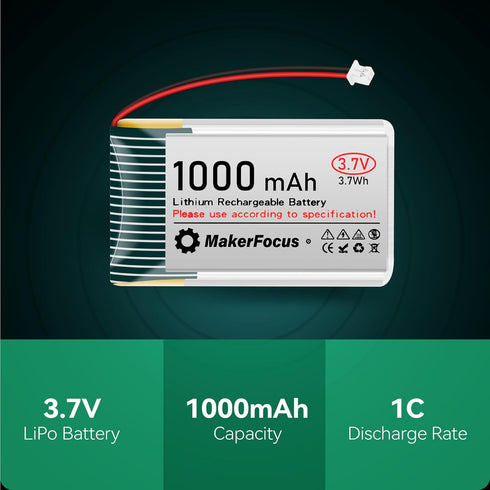 MakerFocus 4pcs 3.7V Lithium Rechargeable Battery - JST1.25 Connector, 1000mAh with Protection Board