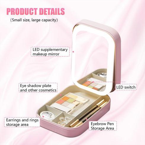 Travel Makeup Bag with LED Light Up Mirror, Waterproof Cosmetic Bag Train Case, Portable Makeup Box for Women Girls