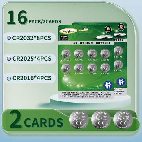 Toyohira CR2032 3v cr2025 cr2016 16 Pack (cr2032 8PCS, CR2025 4PCS, CR2016 4PCS), Lithium Coin Battery Assorted
