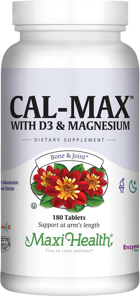 Maxi Health Calcium Magnesium Supplement with Vitamin D3 & Boron | 180 Tablets | Kosher Bone Health & Nighttime Formula