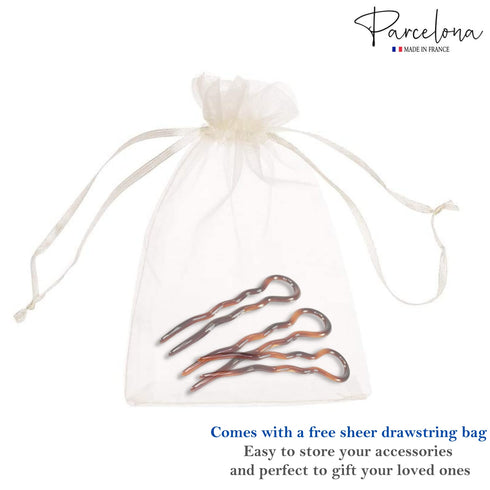 Parcelona Large 3 1/2" Brown Tortoise Shell Wavy Crink U Shaped Chignon Hair Pins Set of 3 Made in France for Women and
