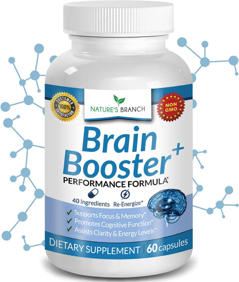 40-in-1 Brain Booster Supplement for Focus, Memory, Clarity, Energy, 60 Capsules with Advanced Vitamins for Nootropic