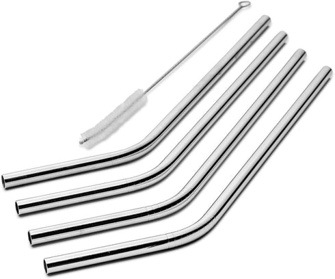 Stainless Steel Drinking Straws Set of 4, Curved Metal Straws Reusable for 20 oz Tumbler, Cleaning Brush Included