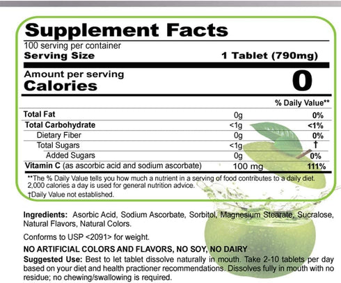 Vitamin C Chewable/Meltable | Natural Apple Flavor | Ultrafine Easy Oral Absorption 100mg, Mouth Refreshing, 100CT
