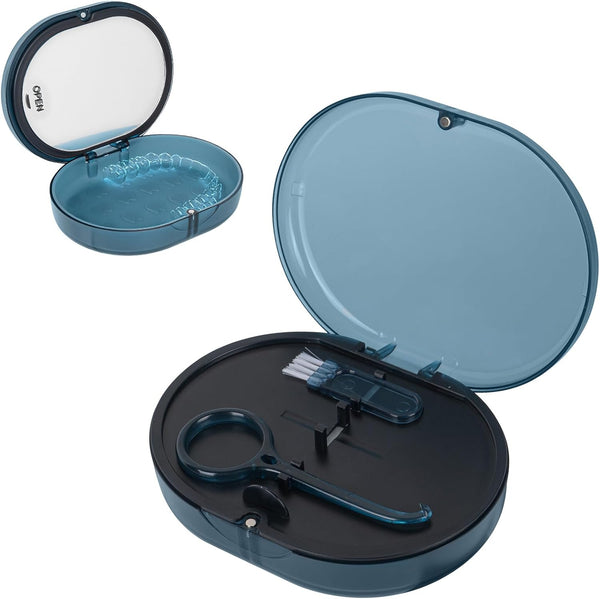 Linkidea Double-layer Retainer Storage Case with Mirror, Portable Aligner Holder with Removal Tool, Blue