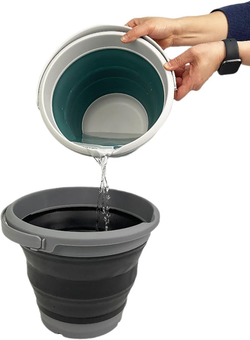 SAMMART Collapsible Plastic Bucket, Foldable Round Tub with Handle, Grey+Black (Set of 2), 5.5L