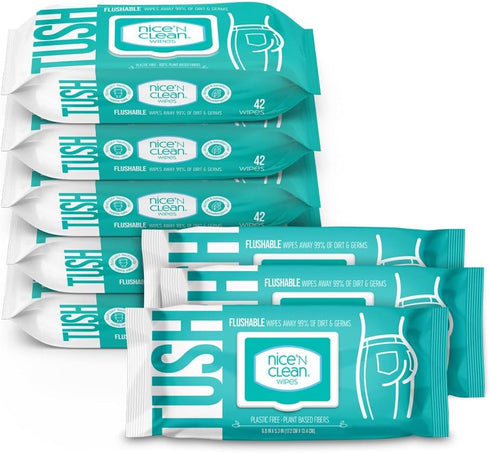 Nice 'N Clean Adult Flushable Wipes (8 x 42 Count) - Plant-Based Personal Cleansing Wipes with Aloe & Vitamin E